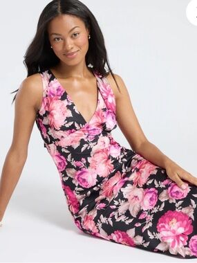 Emerald Sundae Black Floral Midi Dress with Pink Roses